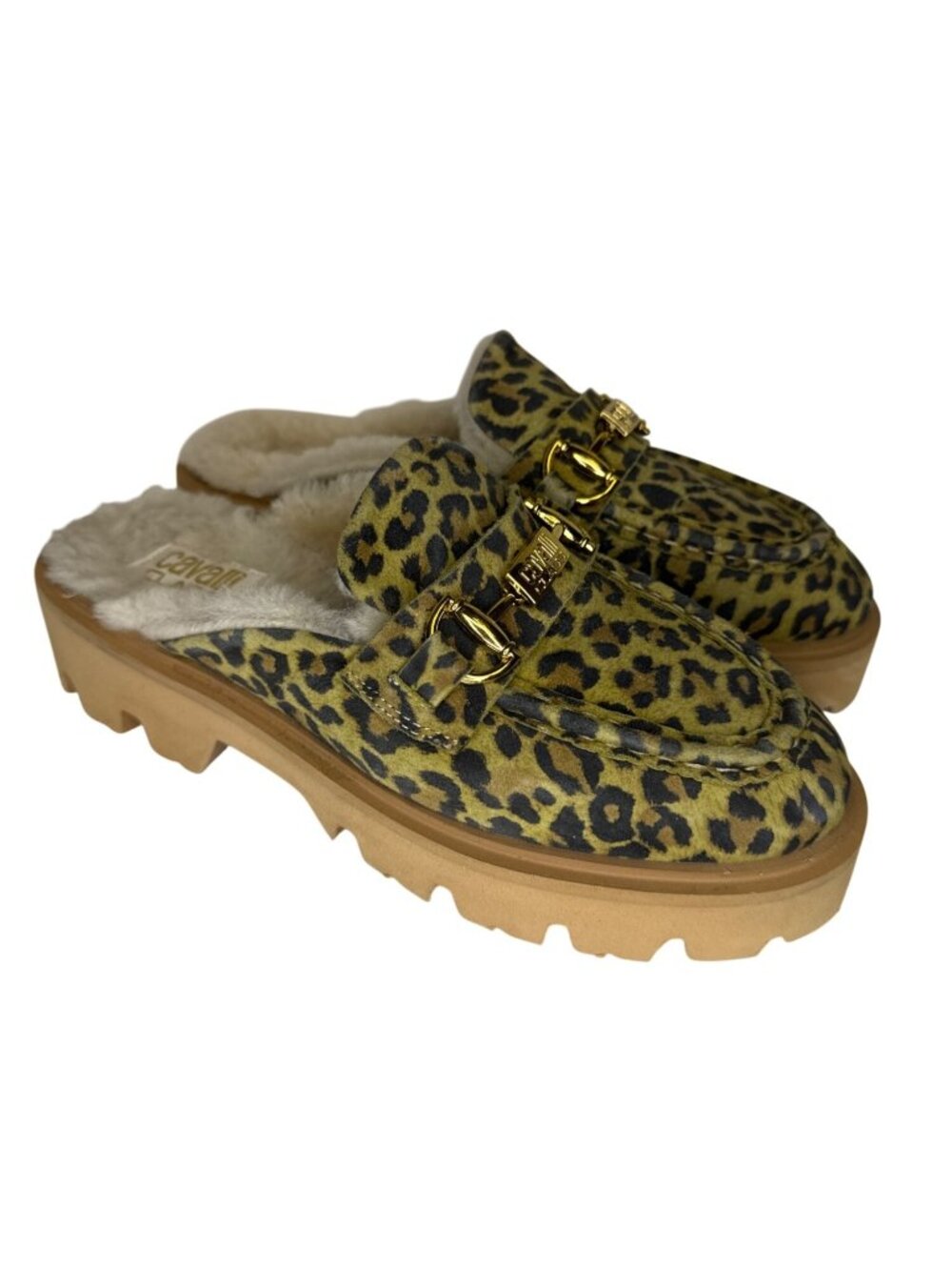 Cavalli Class Cortina Leopard Mule Loafers Faux Fur EU 37 US 6.5 NWOB Slip On